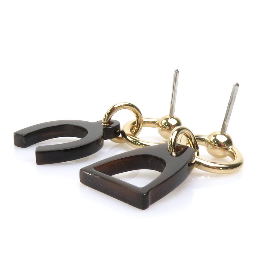  Hermes HERMES earrings amyu let es kettle metal / Buffalo horn Gold / dark brown e58440a