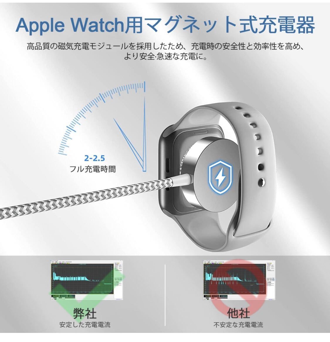 2in1 Apple Watch充電器 アップルウォッチ 充電器 1M マグネット式 ワイヤレス充電 アップルウォッチ充電ケーブル 高耐久ナイロン