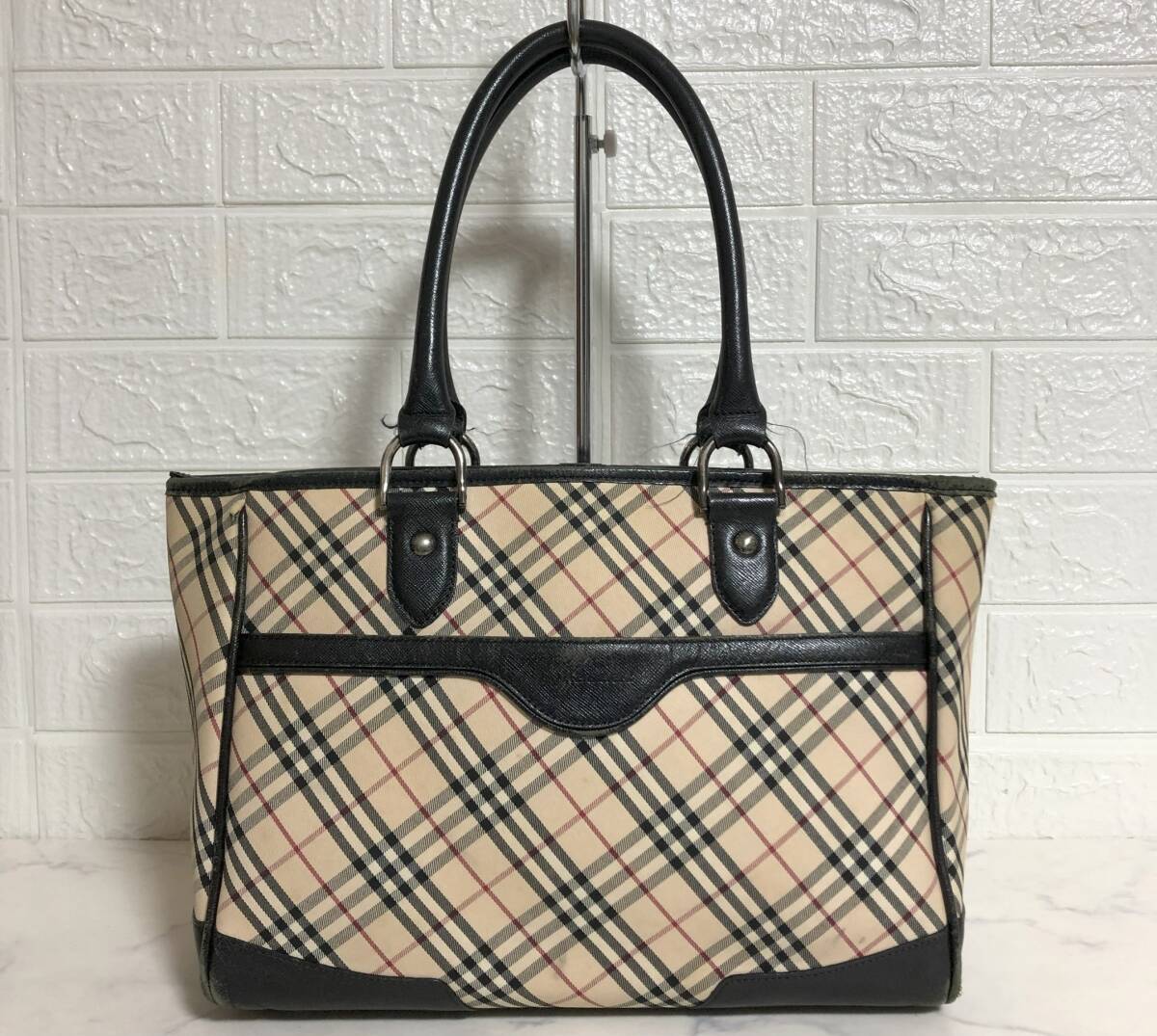 no22097 BURBERRY バーバリー ノバチェック 本革 レザー キャンバス 肩掛けショルダー トート バッグ ☆_画像1