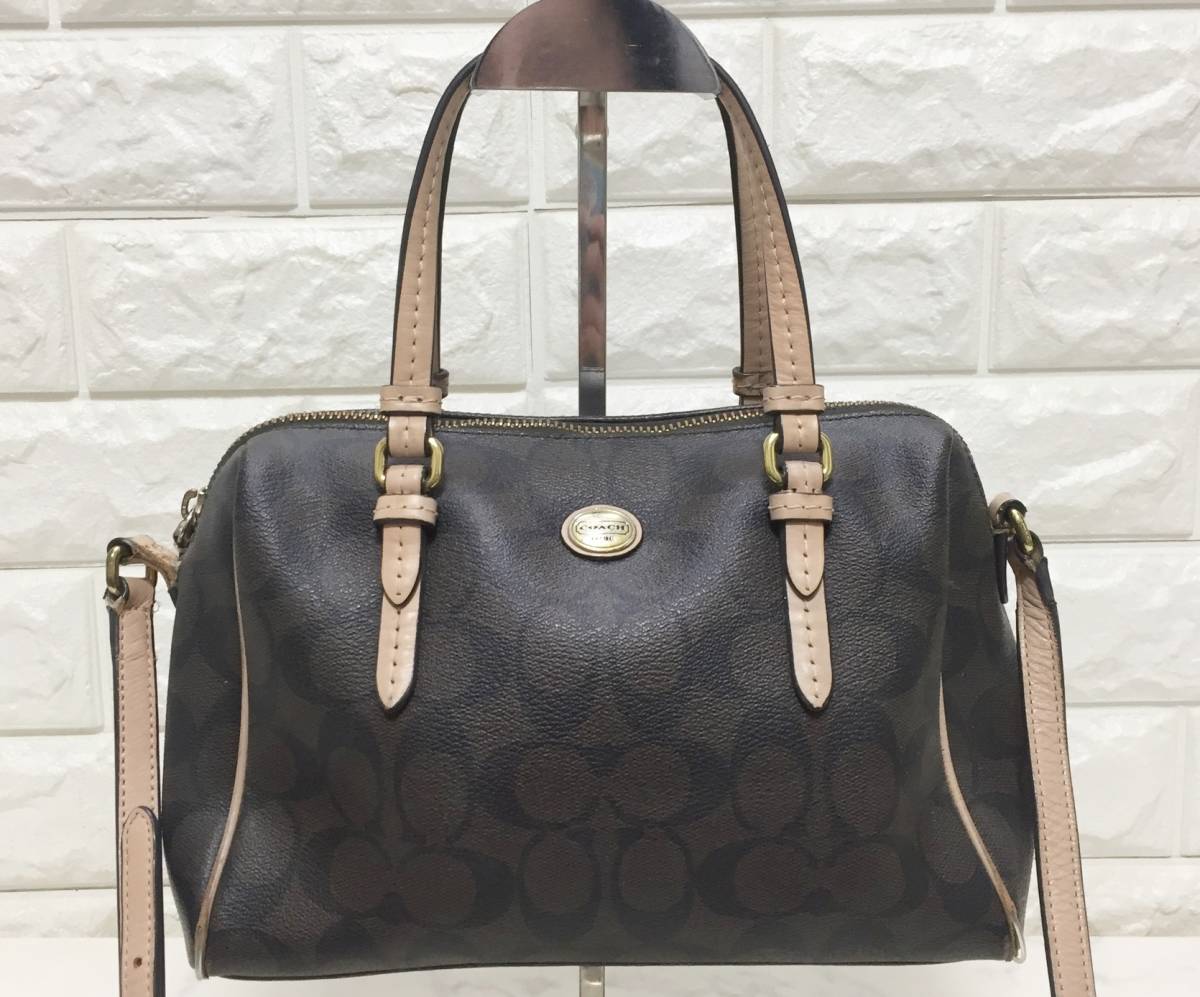 no19848 COACH コーチ シグネチャー 2WAY レザー PVC 斜め掛けショルダー ハンド トート バッグ ☆_画像1