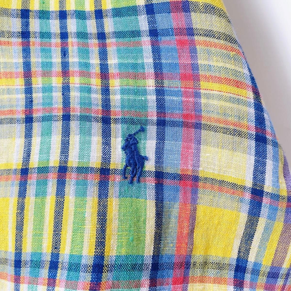 ラルフローレン XS M シャツ 長袖 チェック イエロー 麻 リネン ポニー 刺繍 RALPH LAUREN ポロラルフローレン