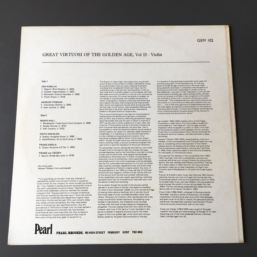 [c08]/ 英盤 LP /『Great Virtuosi Of The Golden Age, Vol II - Violin / Kubelk, Thibaud, Hall, Kreisler, Drdla, Vecsey』/ GEMM 102_画像2