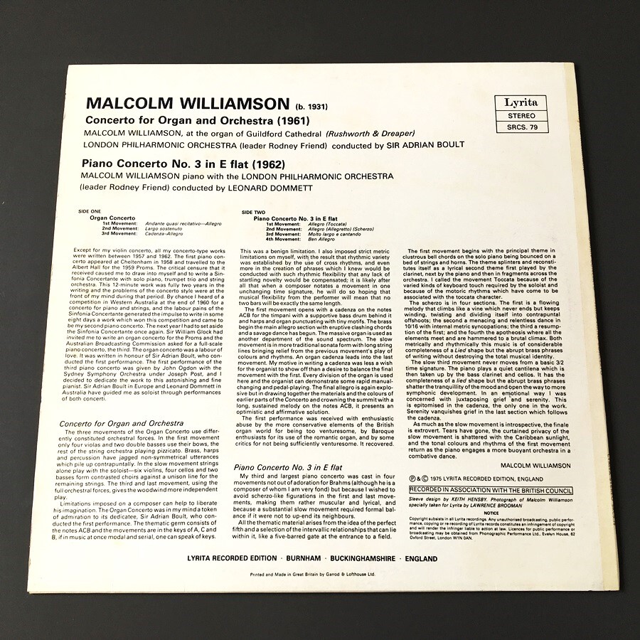 [e50]/ 英盤 LP /『Malcolm Williamson（マルコム・ウィリアムソン）/ オルガン協奏曲集、ピアノ協奏曲集』/ ボールト、ドメット / SRCS.79の画像2