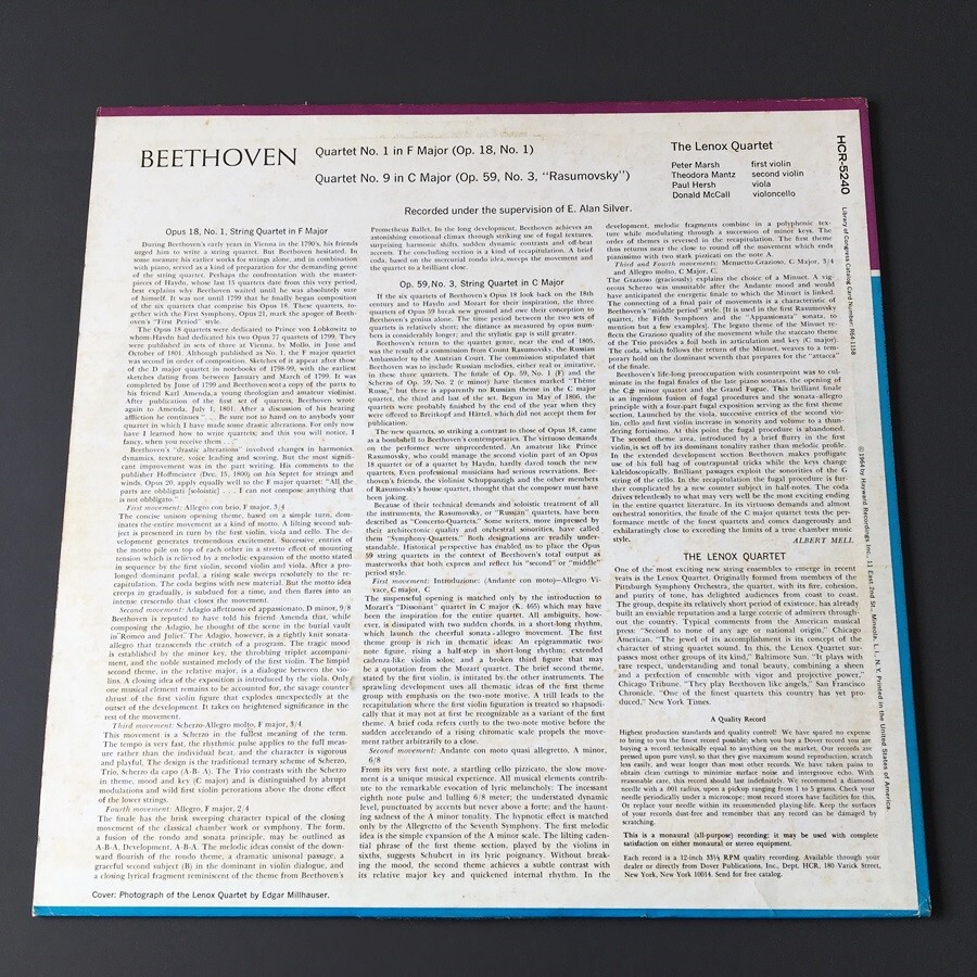 [e51]/ 米盤 LP /『ベートーヴェン 弦楽四重奏曲 第1番 第9番 レノックス四重奏団 Beethoven The Lenox Quartet』/ HCR-5240_画像2