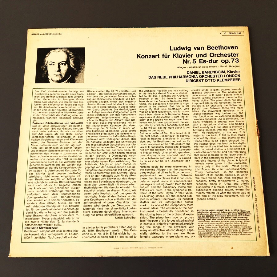 [h40]/ 独盤 LP /『ベートーヴェン：ピアノ協奏曲第5番 / バレンボイム、クレンペラー、フィルハーモニア管弦楽団』/ 1 C 063-01 982_画像2