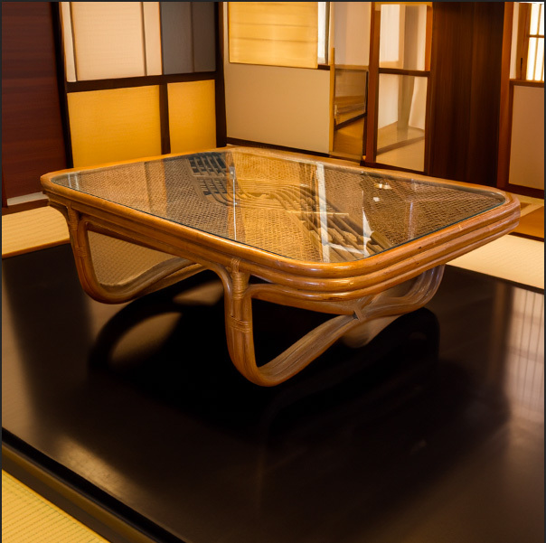 人気のラタン 藤家具 座卓 テーブル ガラス天板 網代 昭和レトロ アンティーク_画像9