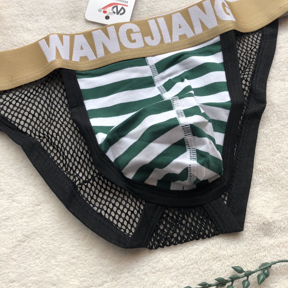 新品 メンズ　Sサイズ　WANGJIANG ハイレグ　グリーン　ホワイト　ボーダー　カッコいい 　sexy ワイルド　WILD パンツ ショーツ _画像2