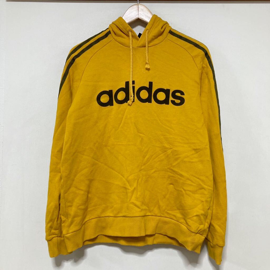 さ1349 adidas アディダス スウェットパーカー HOODIE フーディー M プルオーバー フロッキープリント 裏パイル マスタード_画像1