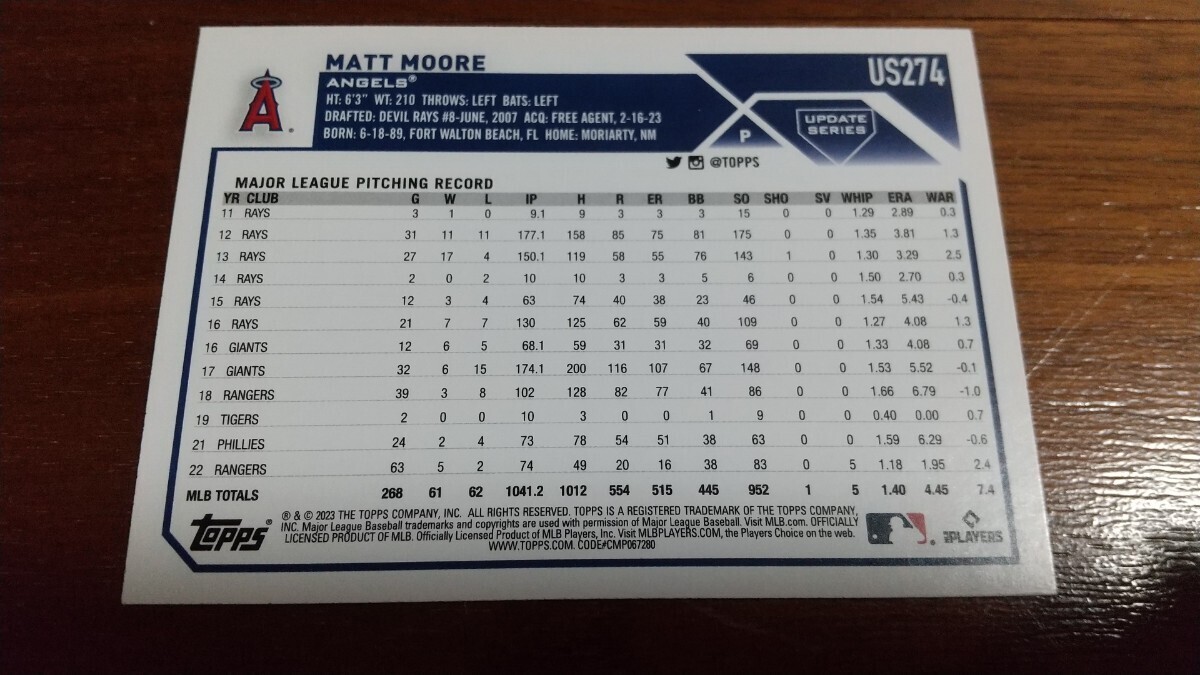 Topps MLB 2023 UPDATE SERIES US274 Matt Moore ロサンゼルス・エンゼルス _画像2