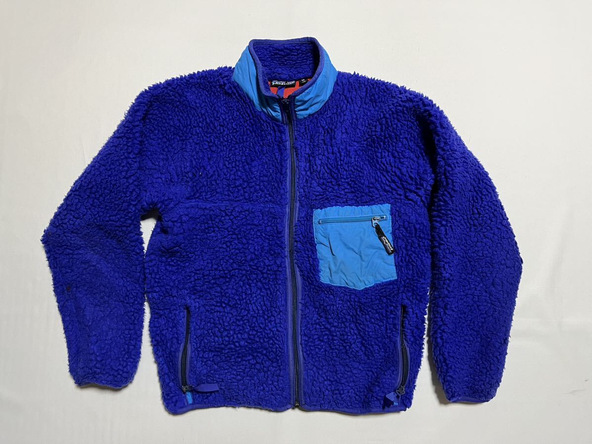 ★89年製 80s USA製 Patagonia 初期 メンズ M レトロパイルカーディガン ヴィンテージ フリースジャケット アメリカ製 コバルトブルー の画像2