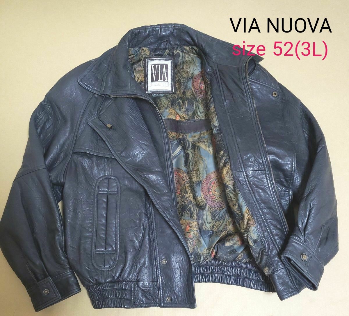 ビンテージ VIA NUOVA レザージャケット 黒色 52/ボックス ビンテージ VIA NUOVA レザージャケット 黒色 52/ボックス