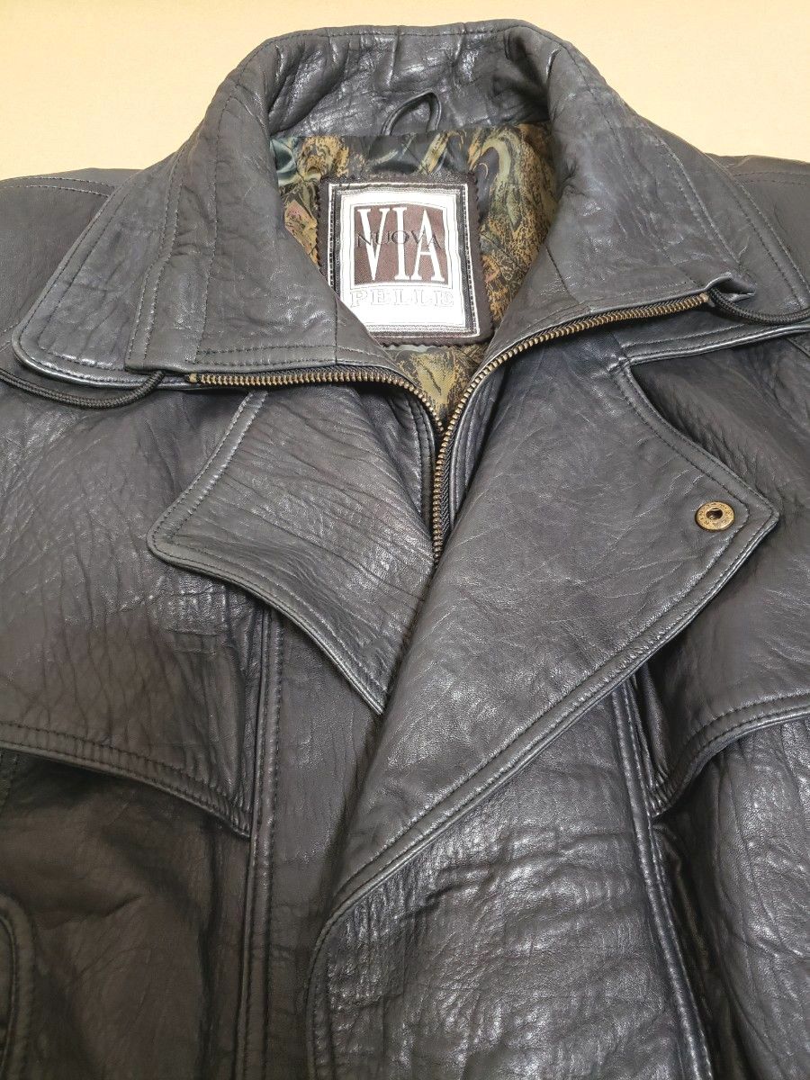 ビンテージ VIA NUOVA レザージャケット 黒色 52/ボックスシルエット ブラック 羊革 52 3L ラムレザー 