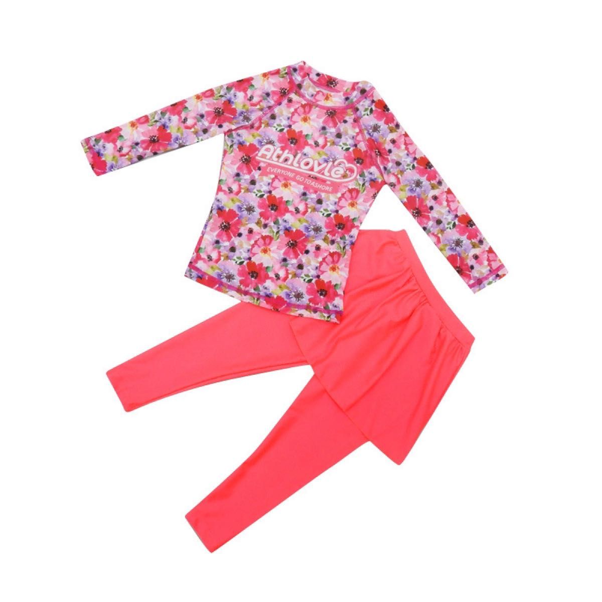 120 ラッシュガード　水着　女の子　レギンス　長袖　花柄　ピンク　ショッキングサーモンピンク　目立つ　可愛い　紫外線カット