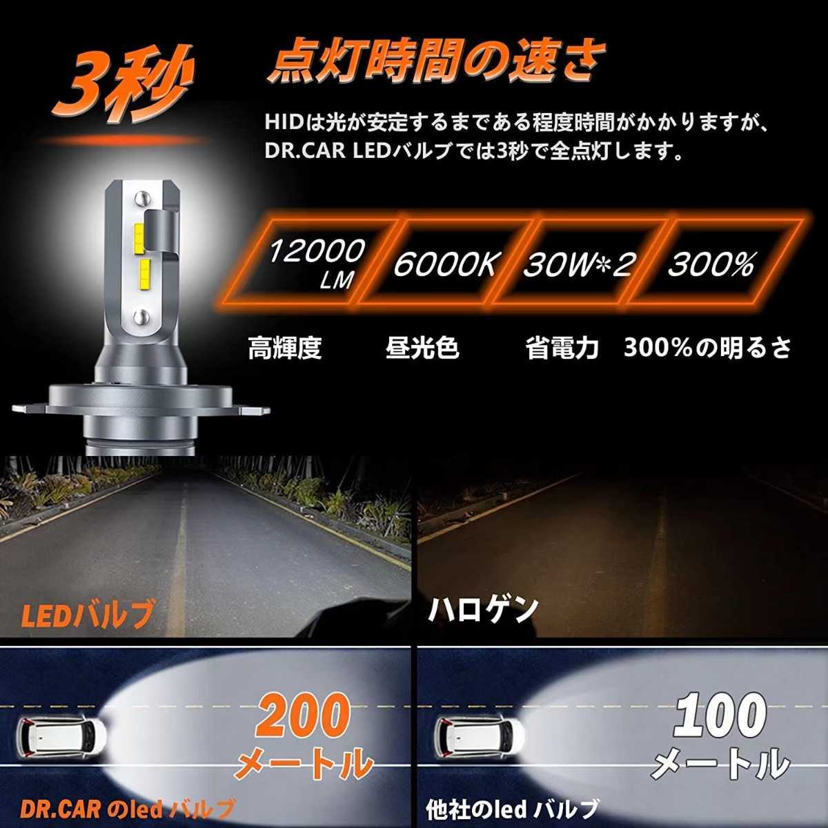 新品【2個セット】 led ヘッドライト H4 hi/lo バルブ H4/HB2/9003 車検対応 12000LM 60W 6000K 昼白光 車/バイク用 フォグランプ IP68 の画像2