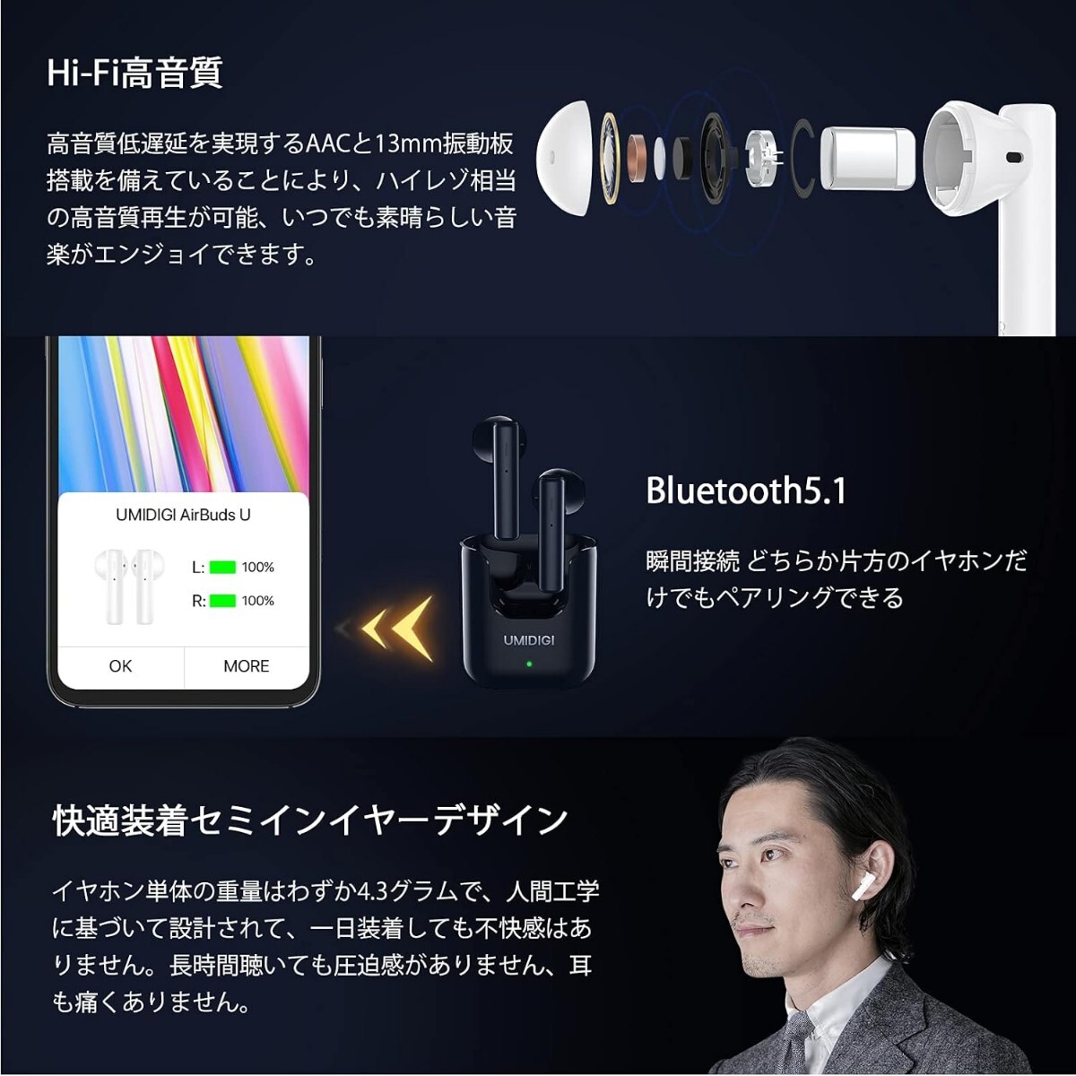 UMIDIGI ワイヤレスイヤフォン イヤフォン Bluetooth 瞬間接続 自動ペアリング 内蔵マイク 低遅延 Type‐C急速充電 IPX5等級 AAC&SBC対応 _画像2