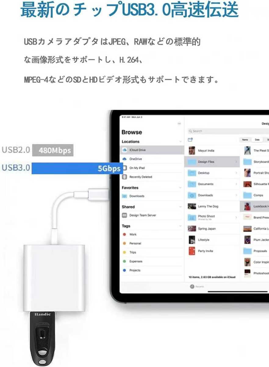 【2 in1】iPhone Lightning USBカメラアダプタ USB変換アダプタ 接続ケーブル iPhone/iPad 高速 双方向転送_画像4