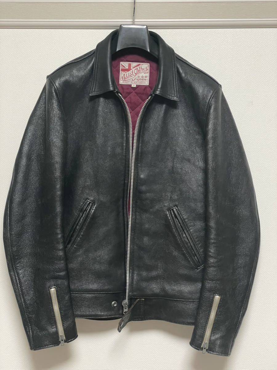 アディクトクローズ AD-01 38 ADDICT CLOTHES レザー ライダース シングル シープスキン 羊革 M center zip jacket_画像1