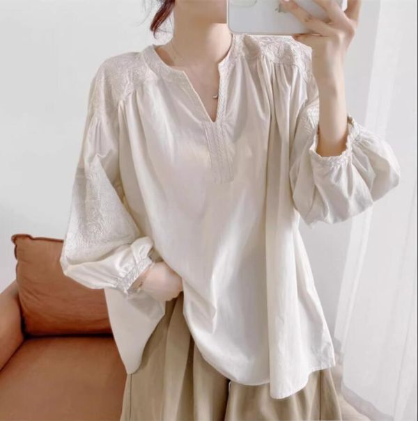  including in a package 1 ten thousand jpy free shipping #M-2XL# casual cotton tunic embroidery . long sleeve blouse 30 fee 40 fee 50 fee commuting OL wonderful dressing up to* khaki 