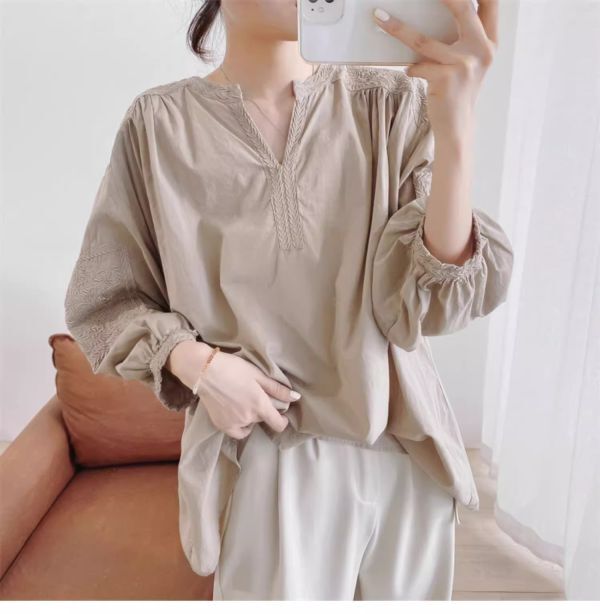  including in a package 1 ten thousand jpy free shipping #M-2XL# casual cotton tunic embroidery . long sleeve blouse 30 fee 40 fee 50 fee commuting OL wonderful dressing up to* khaki 