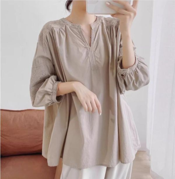  including in a package 1 ten thousand jpy free shipping #M-2XL# casual cotton tunic embroidery . long sleeve blouse 30 fee 40 fee 50 fee commuting OL wonderful dressing up to* khaki 