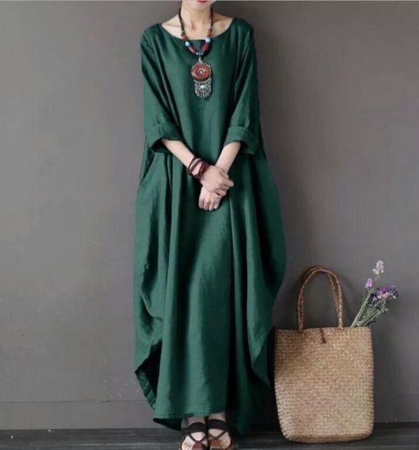 M~4XL# autumn new goods casual body type cover wonderful plain cotton flax large size easy long sleeve maxi long One-piece * black 