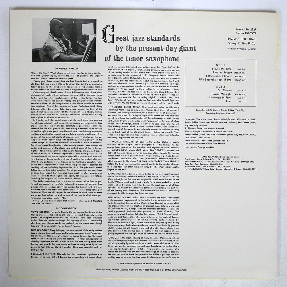 米 重量盤 SONNY ROLLINS/NOW’S THE TIME/RCA VICTOR LSP2927 LP_画像2