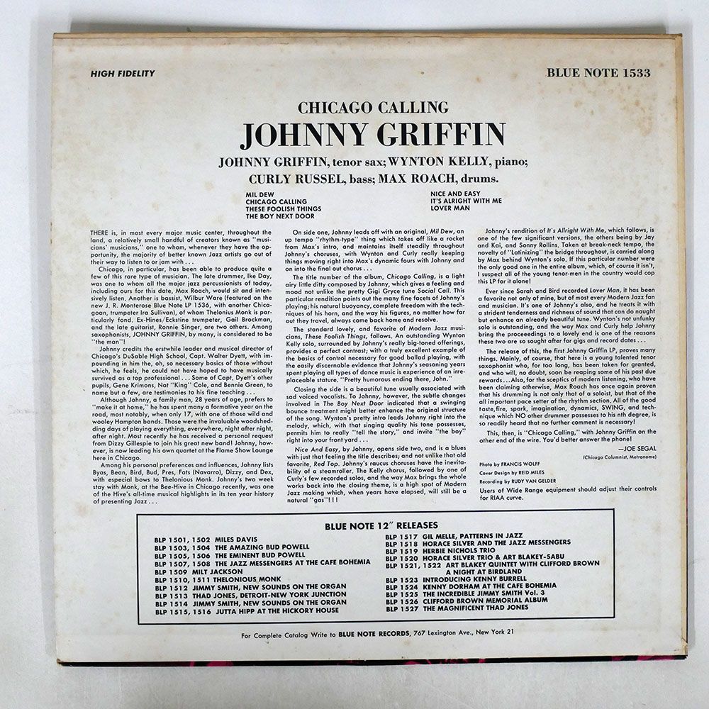 米 モノラル盤 JOHNNY GRIFFIN/INTRODUCING JOHNNY GRIFFIN/BLUE NOTE BLP1533 LP_画像2