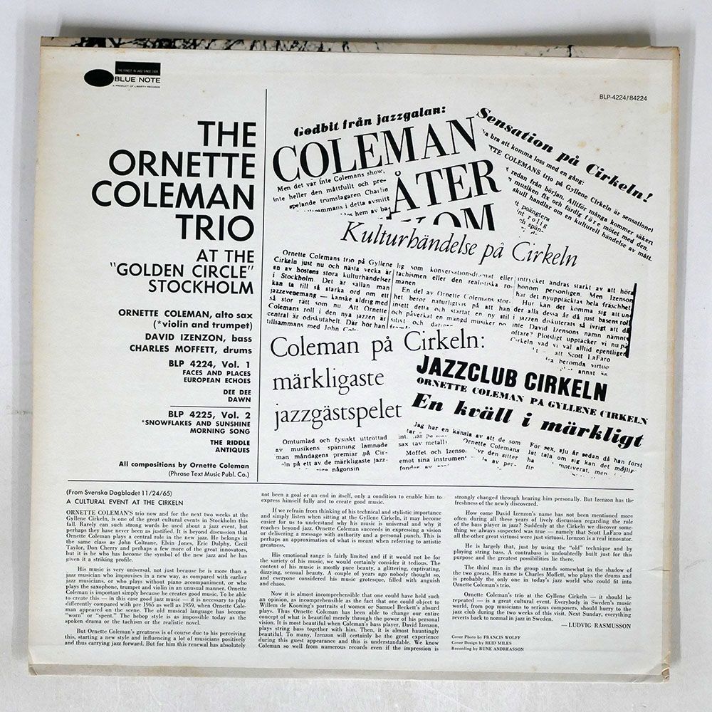 米 ORNETTE COLEMAN TRIO/AT THE "GOLDEN CIRCLE" STOCKHOLM - VOLUME ONE/BLUE NOTE BST84224 LP_画像2