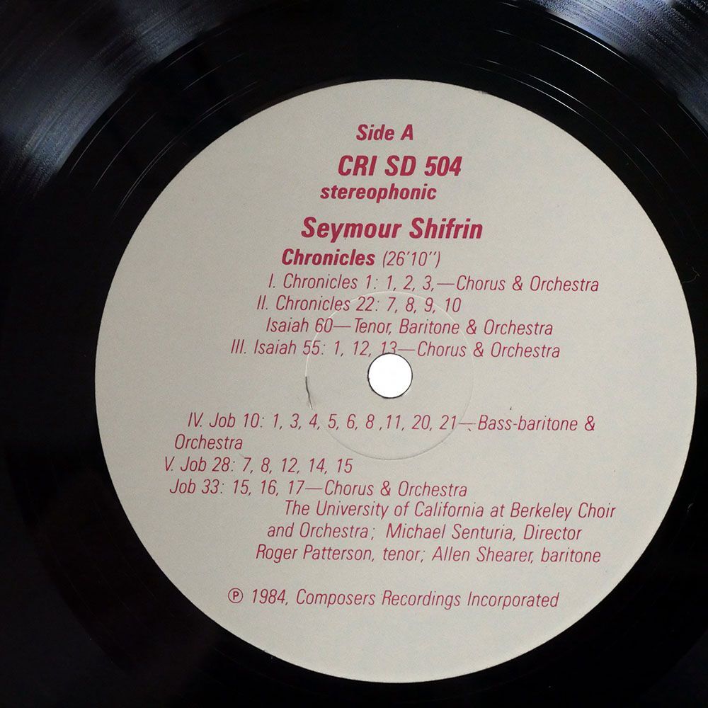 SEYMOUR SHIFRIN/CHRONICLES THREE SONGS FIVE SONGS/COMPOSERS RECORDINGS INC. (CRI) CRISD504 LPの画像2