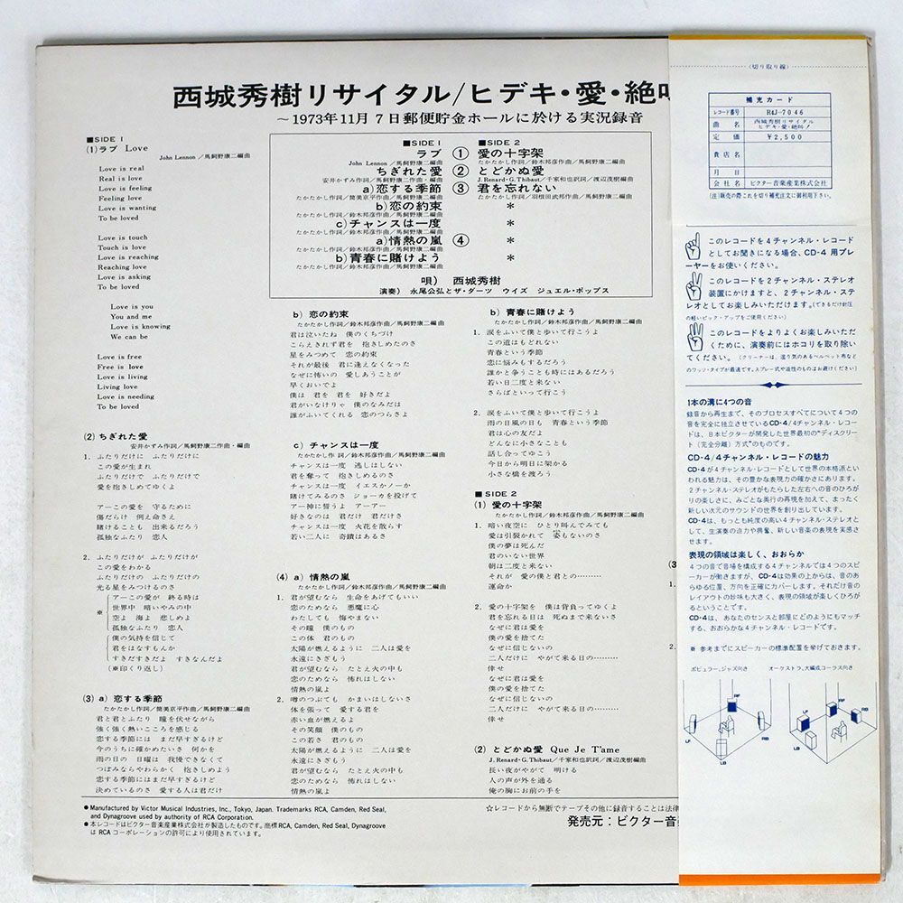 帯付き 4CH 西城秀樹/リサイタル ヒデキ・愛・絶叫/RCA R4J7046 LP_画像2