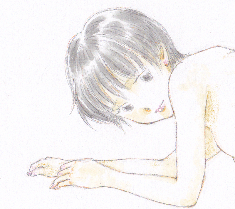 vivi 手描きイラスト「Venus263」女の子 美少女　ショートヘア　四つん這い　女豹のポーズ　人物画 裸婦 裸身 鉛筆画 直筆 原画 A4サイズ_画像1