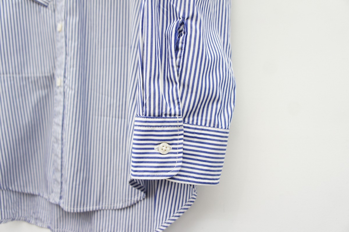 美品 Engineered Garments エンジニアドガーメンツ Banded Collar Shirtバンデッドカラー 長袖ストライプ シャツ バンドカラー 白青126O_画像5