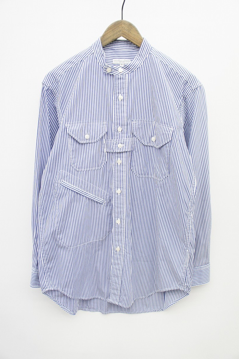 美品 Engineered Garments エンジニアドガーメンツ Banded Collar Shirtバンデッドカラー 長袖ストライプ シャツ バンドカラー 白青126O_画像1