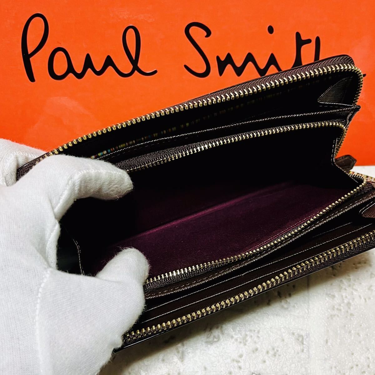 美品 新作 ポールスミス PaulSmith ジップストローグレイン 長財布 ラウンドファスナー ダークブラウン P785 メンズ レディース 8730_画像10