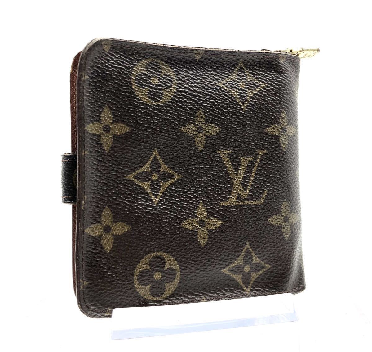 ■希少USA製■LOUIS VUITTON ルイヴィトン　モノグラム　コンパクトジップ　二つ折り財布　PVC×レザー　ブラウン　ゴールド金具