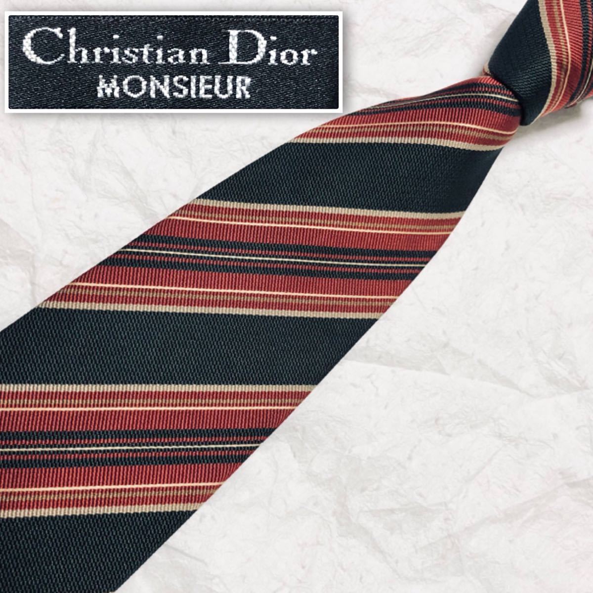 ■美品■Christian Dior MONSIEUR クリスチャンディオール　ネクタイ　レジメンタルストライプ　シルク　カネボウ製　ボルドー×グリーン