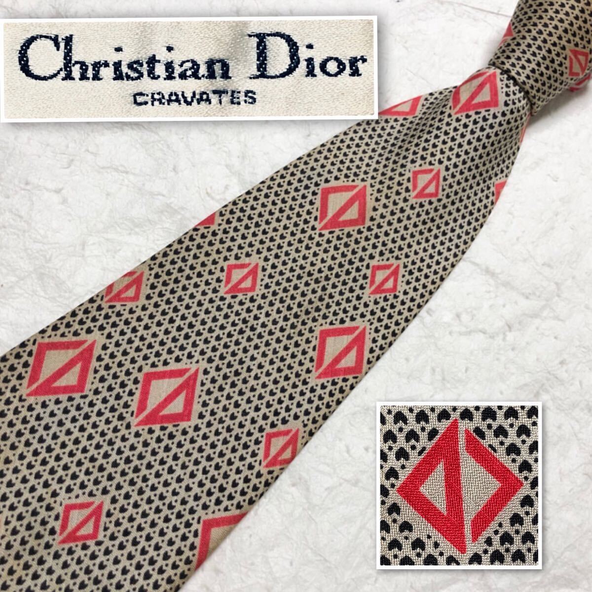 Christian Dior クリスチャンディオール　ネクタイ　CD柄　ハート　ドット　総柄　ベージュ×ブラック×レッド_画像1