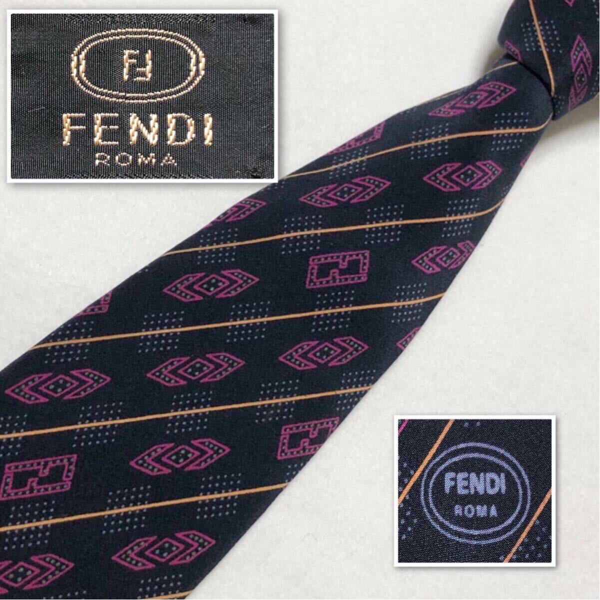 FENDI フェンディ　ネクタイ　レジメンタルストライプ　FF柄　シルク100% イタリア製　ブラック×パープル　ビジネス_画像1