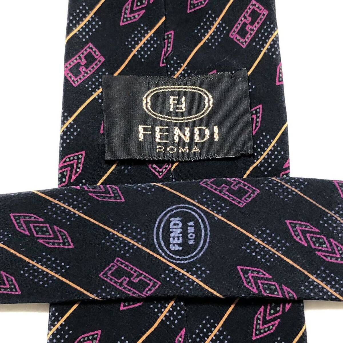 FENDI フェンディ　ネクタイ　レジメンタルストライプ　FF柄　シルク100% イタリア製　ブラック×パープル　ビジネス_画像6