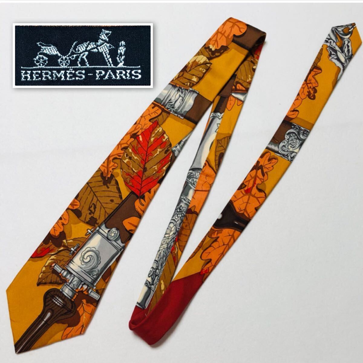 美品 希少 HERMES エルメス ネクタイ スカーフ柄 落ち葉と剣 美品 希少 HERMES エルメス ネクタイ スカーフ柄 落ち葉と剣