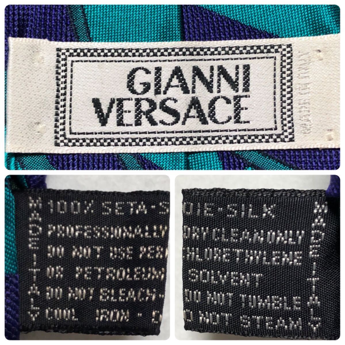 ■美品■GIANNI VERSACE ジャンニヴェルサーチ　ネクタイ　現代美術風　総柄　シルク100% イタリア製　グリーン×ブルー_画像9