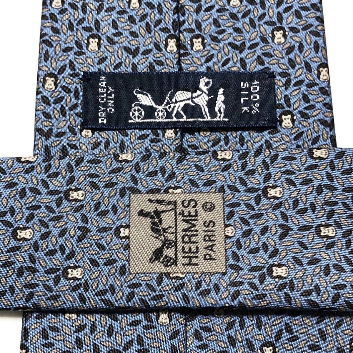 # прекрасный товар #HERMES Hermes галстук лист .. обезьяна . Monkey общий рисунок шелк 100% Франция производства оттенок голубого бизнес 
