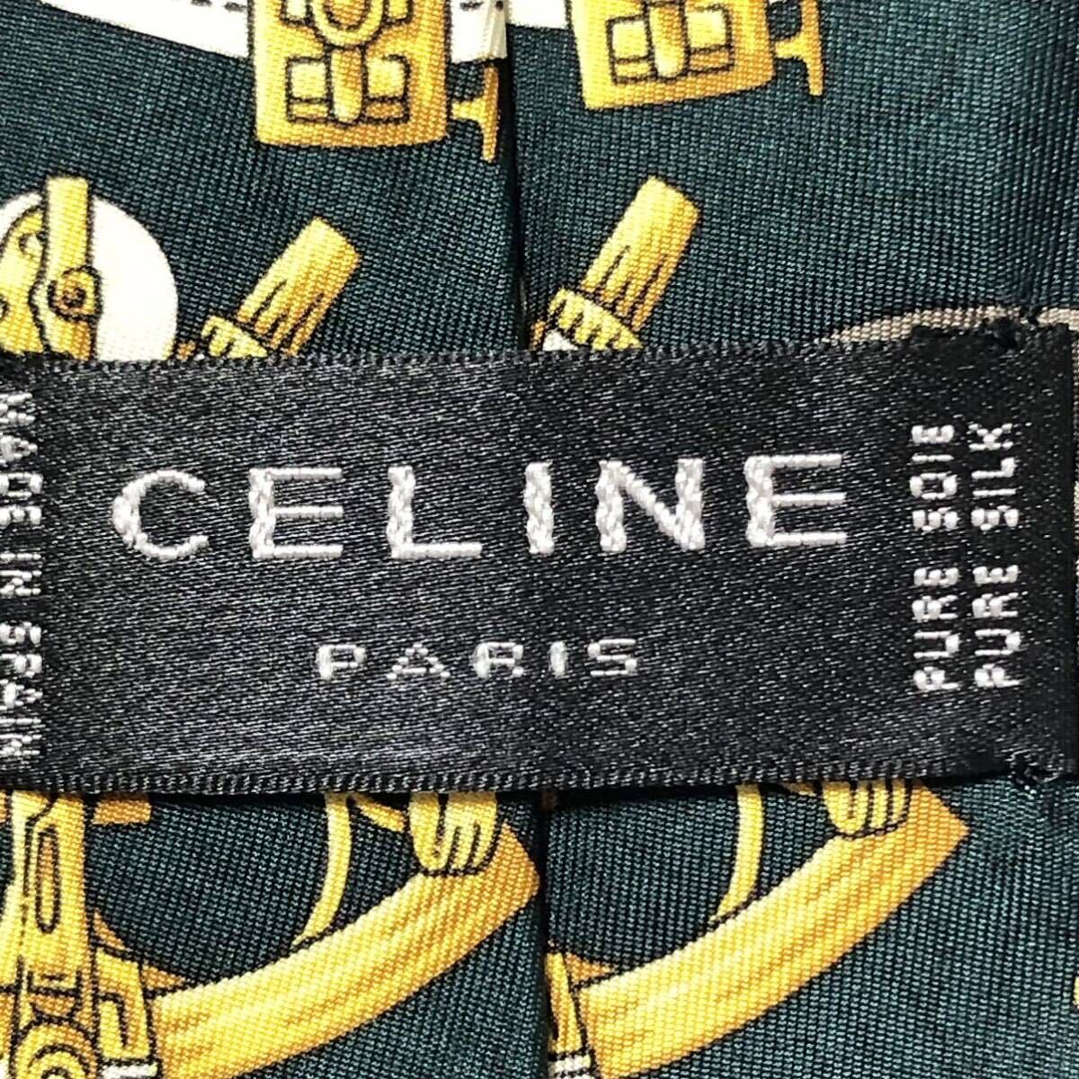 ■美品■希少デザイン■CELINE セリーヌ　ネクタイ　スカーフ風 星座モチーフ 黄金細工 総柄　シルク スペイン製 ダークグリーン×ゴールド_画像7