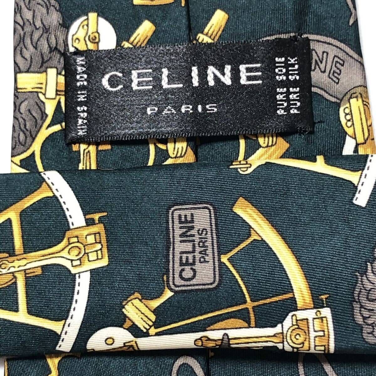 ■美品■希少デザイン■CELINE セリーヌ　ネクタイ　スカーフ風 星座モチーフ 黄金細工 総柄　シルク スペイン製 ダークグリーン×ゴールド_画像6