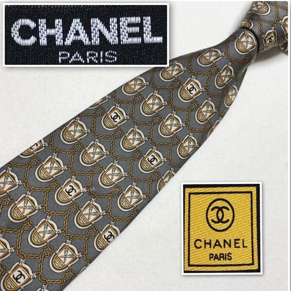 ■美品■CHANEL シャネル　ネクタイ　エンブレム　ココマーク　金具　チェーン　総柄　シルク100% イタリア製　グレー系　ビジネス_画像1