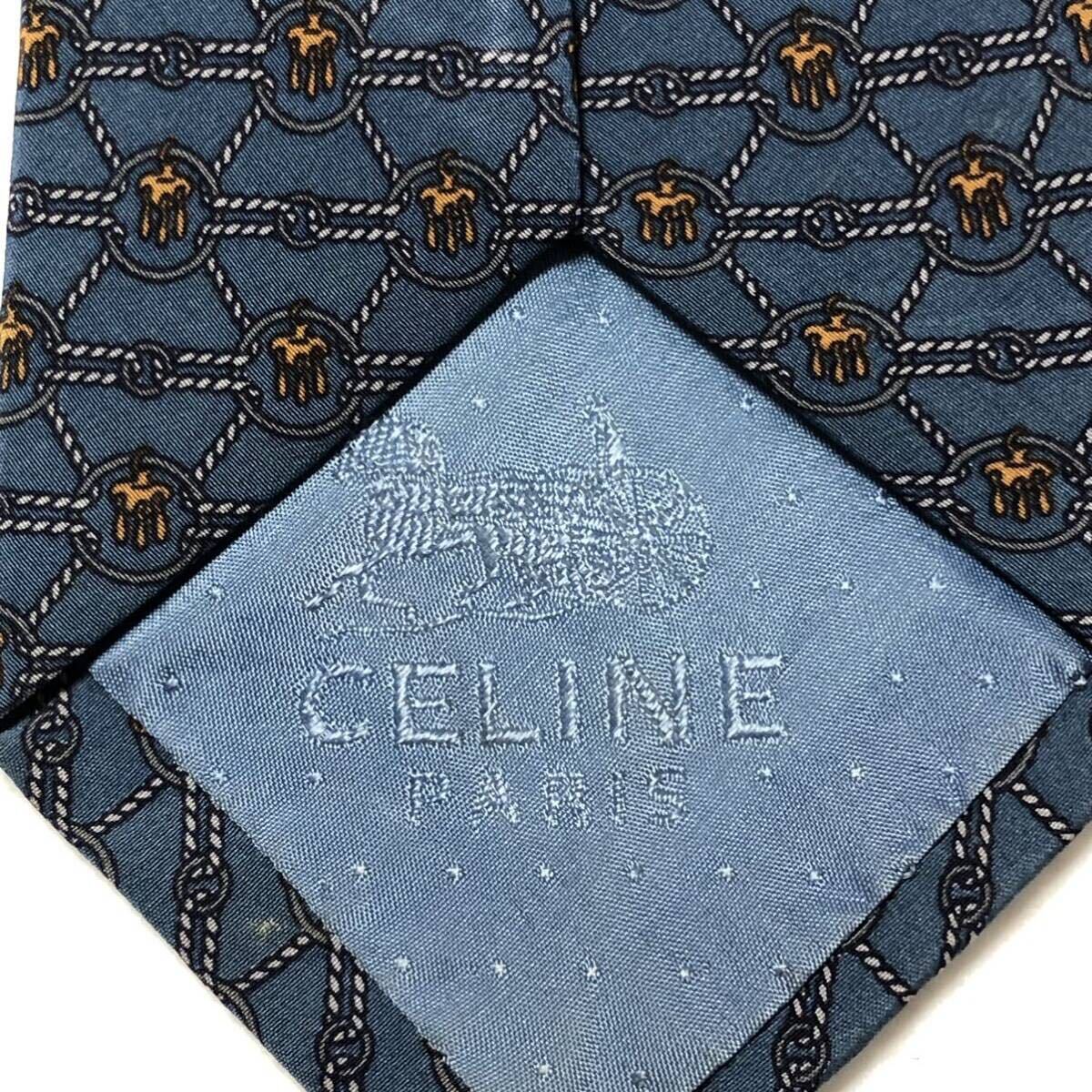■美品■CELINE セリーヌ　ネクタイ　格子　金具　ロープ　総柄　シルク100% イタリア製　青緑　ビジネス_画像8
