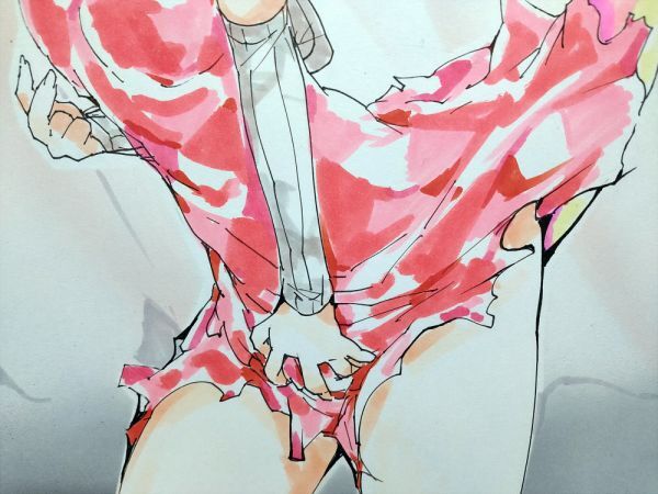 手描きイラスト オリジナル A4 　女の子　ピンク髪 　ドレス_画像3