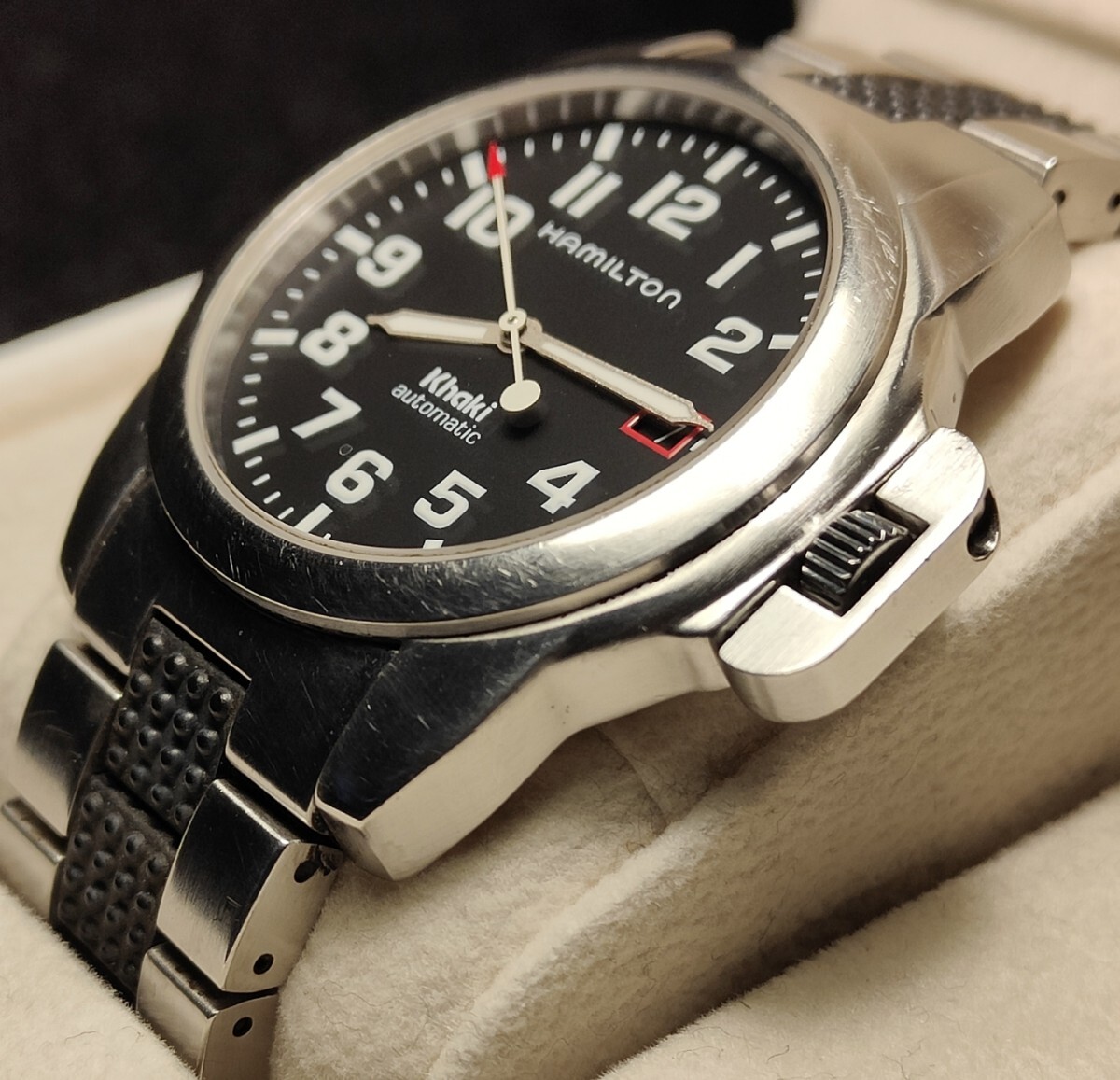 送料無 希少 竜頭ガード Hamilton khaki DATE auto ハミルトン カーキ デイト オートマチック 自動巻き 腕時計 ジャズマスター Jazz master_画像2