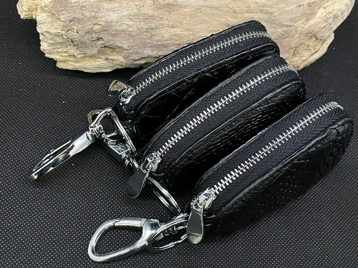 1 jpy 3 point set crocodile key case genuine article wani leather key inserting . leather hook smart key case black key holder black 