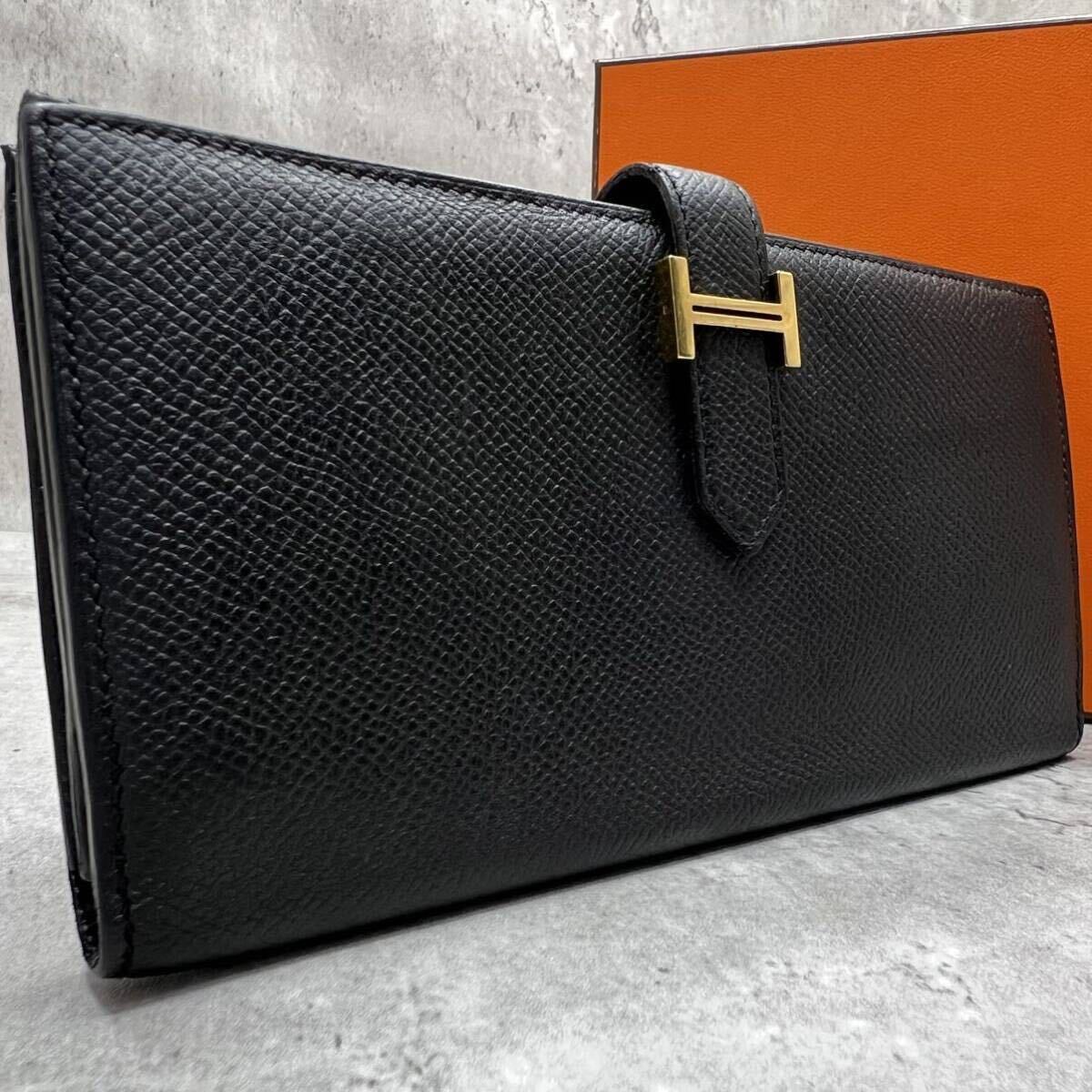 【極美品 マチ有り】エルメス HERMES ベアンスフレ 長財布 二つ折り ヴォーエプソン レザー H金具 ゴールド金具 メンズ ビジネス ブラックの画像1